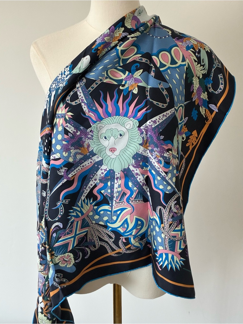 Designer Inspired Whimsical Scarf in Navy and Pastel